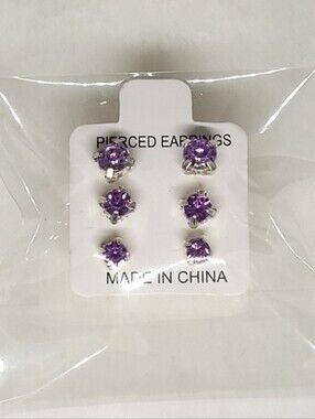 $1 | Purple | Multi‑Size 3‑Pair Rhinestone Stud Earring Set